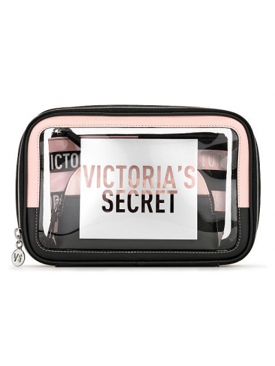 Косметичка 3 в 1 Victoria's Secret Beauty Bag Trio, Logo Black and Pink Stripe