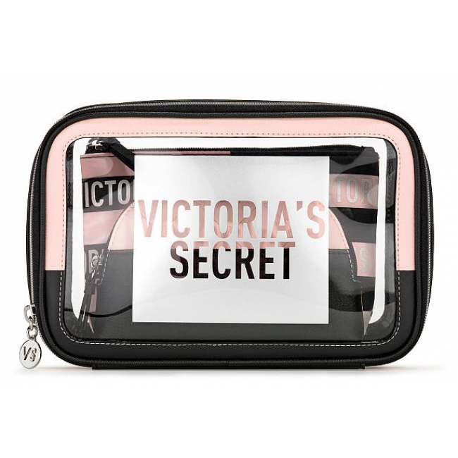 Косметичка 3 в 1 Victoria's Secret Beauty Bag Trio, Logo Black and Pink Stripe
