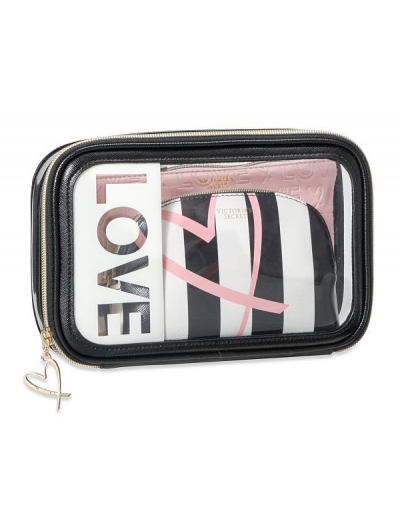 Косметичка 3 в 1 Victoria's Secret Beauty Bag Trio Love Logo Black and Pink Stripe