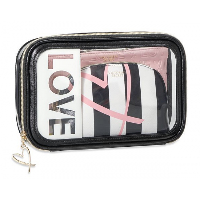 Косметичка 3 в 1 Victoria's Secret Beauty Bag Trio Love Logo Black and Pink Stripe