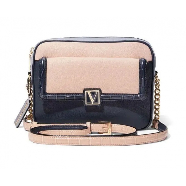 Сумка Victoria Secret The Victoria Top-Zip Crossbody, Темно-синя з персиковими вставками