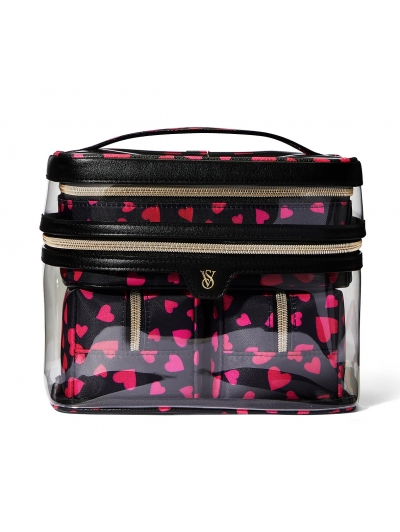 Косметичка 4-в-1 Victoria's Secret Beauty Bag, Чорна з серцями