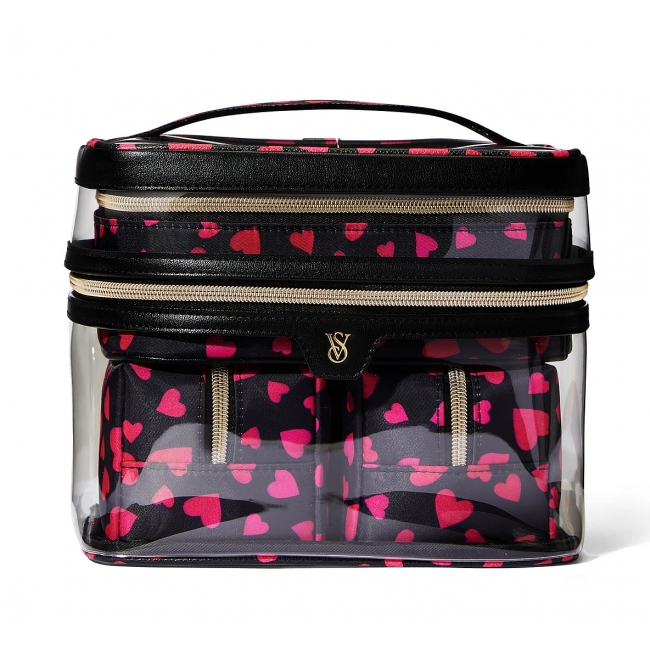 Косметичка 4-в-1 Victoria's Secret Beauty Bag, Чорна з серцями
