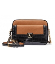 Сумка Victoria's Secret The Victoria Top-Zip Crossbody, Чорна з коричневими вставками та об'ємним логотипом VS