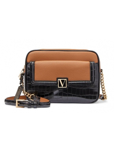Сумка Victoria's Secret The Victoria Top-Zip Crossbody, Чорна з коричневими вставками та об'ємним логотипом VS