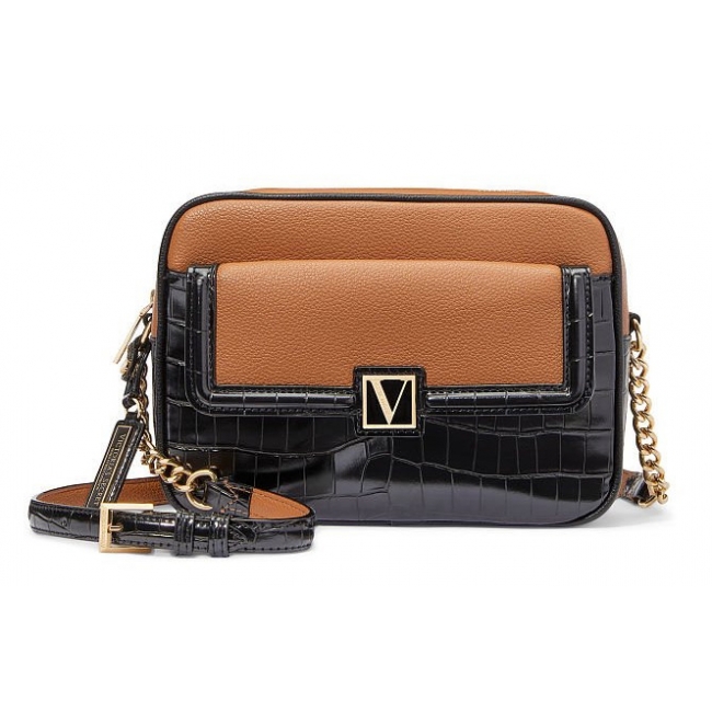 Сумка Victoria's Secret The Victoria Top-Zip Crossbody, Чорна з коричневими вставками та об'ємним логотипом VS