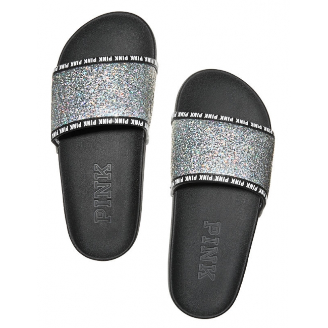 Шльопанці SINGLE STRAP SLIDE від PINK чорні зі сріблом