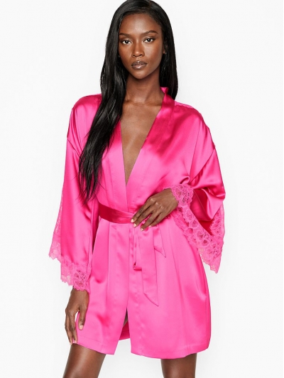 Атласний Халат-Кімоно Victoria's Secret з мереживними вставками, Bright Pink