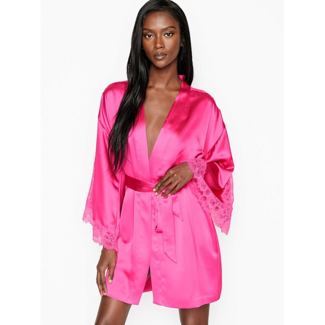 Атласний Халат-Кімоно Victoria's Secret з мереживними вставками, Bright Pink