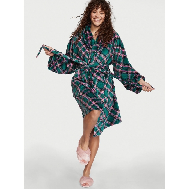 Халат Victoria's Secret Plush Short Cozy Robe, Green Plaid