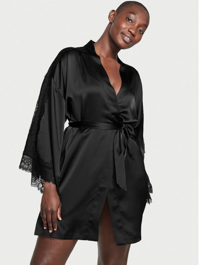 Халат Victoria's Secret Lace Inset Robe, Чорний з мереживом