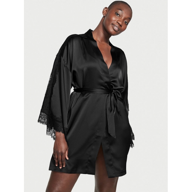 Халат Victoria's Secret Lace Inset Robe, Чорний з мереживом