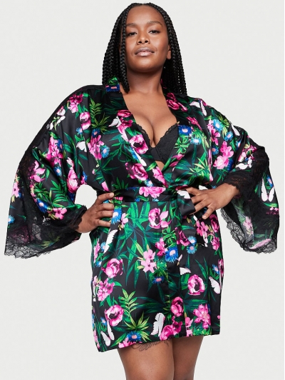 Халат Victoria's Secret Lace Inset Robe з мереживними вставками, Black with flowers