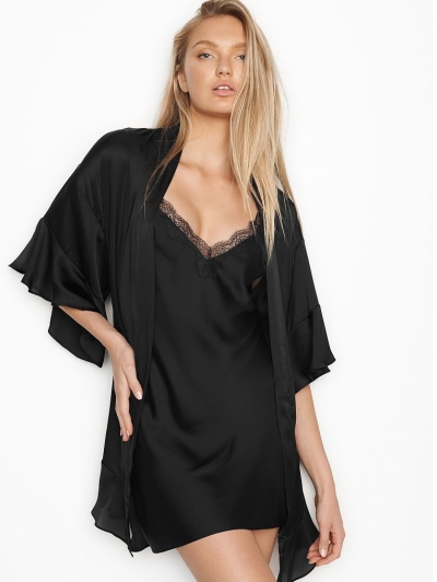 Халат-кімоно Victoria's Secret Flounce Satin Robe, чорний