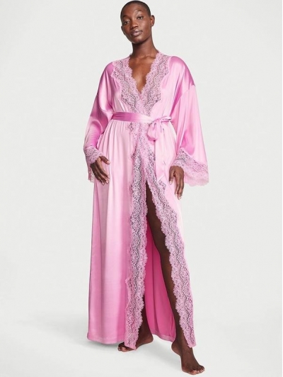 Халат Сатиновий з мережевними вставками Victoria's Secret LACE-TRIM SATIN LONG ROBE, LILAC CHIFFON