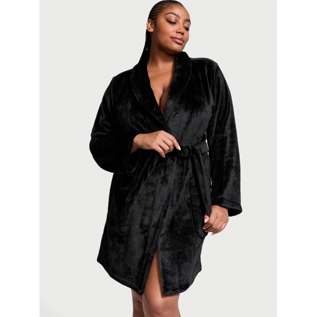 Халат Victoria’s Secret Plush Short Cozy Robe, Чорний з лого VS