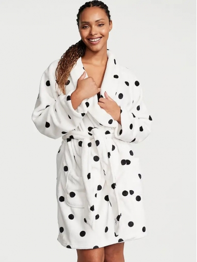 Халат Victoria’s Secret Plush Short Cozy Robe, Білий в горох
