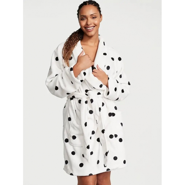 Халат Victoria’s Secret Plush Short Cozy Robe, Білий в горох