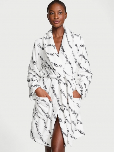 Халат Victoria’s Secret Plush Short Cozy Robe, Білий з лого VS