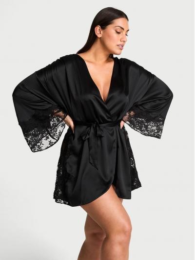 Халат-Кімоно Victoria's Secret Satin & Lace Trim Robe, Чорний