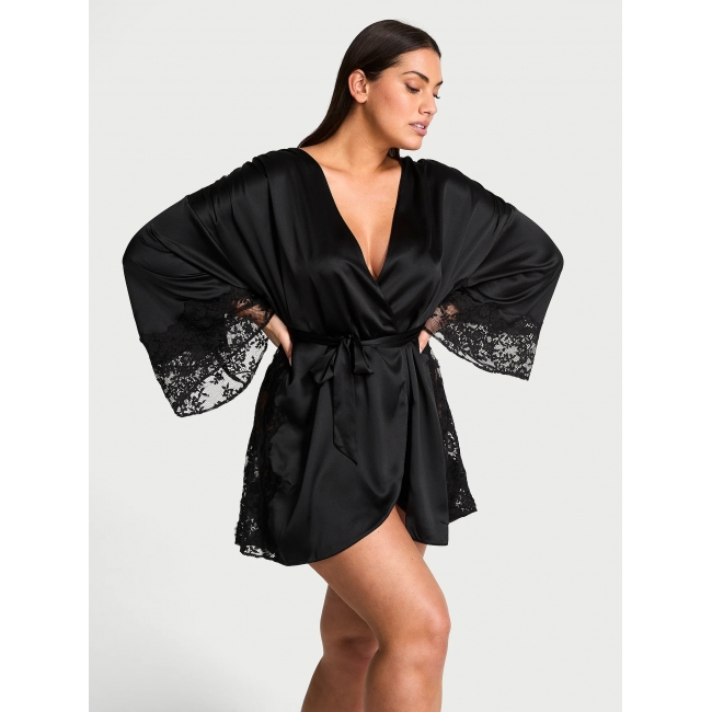 Халат-Кімоно Victoria's Secret Satin & Lace Trim Robe, Чорний