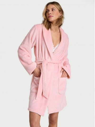 Халат Victoria’s Secret Plush Short Cozy Robe, Світло-рожевий з лого VS