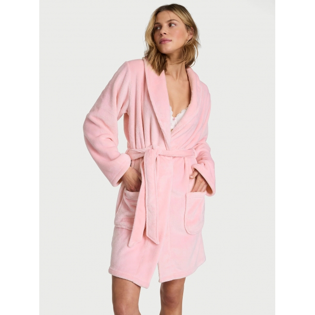 Халат Victoria’s Secret Plush Short Cozy Robe, Світло-рожевий з лого VS