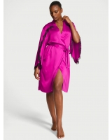 Халат Сатиновий Victoria's Secret Satin Rose Lace-Trim Midi Robe, Фуксія