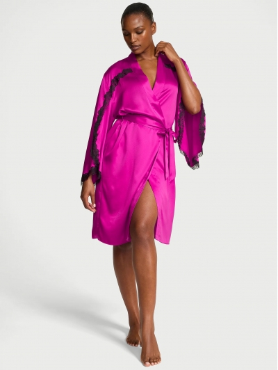 Халат Сатиновий Victoria's Secret Satin Rose Lace-Trim Midi Robe, Фуксія