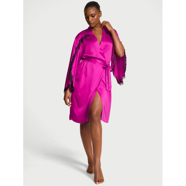 Халат Сатиновий Victoria's Secret Satin Rose Lace-Trim Midi Robe, Фуксія