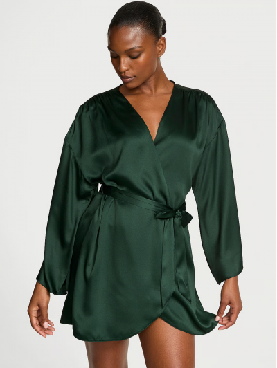 Халат-Кімоно Victoria's Secret Satin Short Robe, Темно-зелений