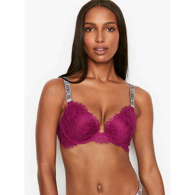 Бюстгалтер Victoria's Secret Very Sexy Shine Strap Push-Up Bra у кольорі фуксія з мереживом та стразами