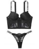 Комплект Білизни зі Стразами Victoria's Sесrеt Shine Strap Push-Up Balconette & Panty, Black Lace