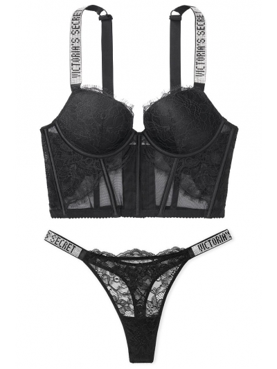 Комплект Білизни зі Стразами Victoria's Sесrеt Shine Strap Push-Up Balconette & Panty, Black Lace