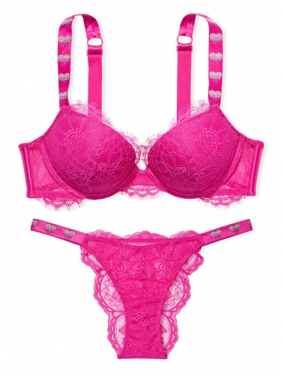 Комплект зі стразами Viсtоriа's Sесrеt Shine Strap Lace Push-up Bra & Brazilian Panty, Fuchsia Frenzy
