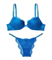 Комплект зі стразами Viсtоriа's Sесrеt Bombshell Add-2-Cups Lace Shine Strap Push-Up Bra & Brazilian Panty, Enamel Blue