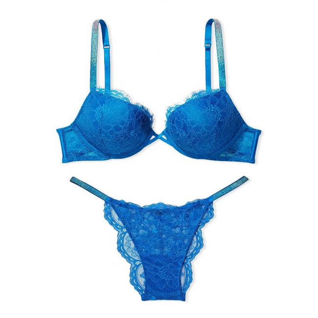 Комплект зі стразами Viсtоriа's Sесrеt Bombshell Add-2-Cups Lace Shine Strap Push-Up Bra & Brazilian Panty, Enamel Blue