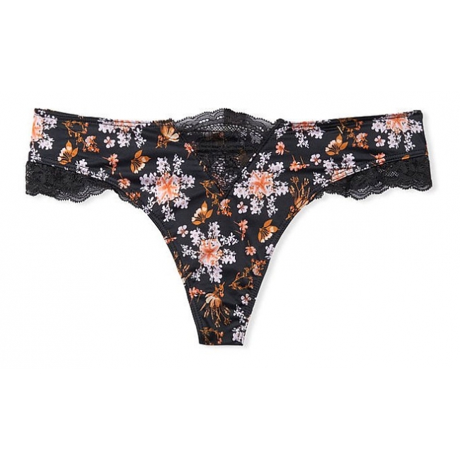 Трусики Victoria’s Secret Very Sexy Micro Lace Inset Thong Panty, Чорні з квіточками