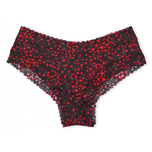 Мереживні Трусики Чіки Victoria's Secret Floral Lace Cheeky Panty, Black Tiny Hearts