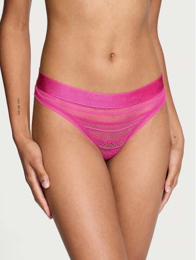 Трусики Стрінги Victoria’s Secret Logo Lace Thong Panty, Яскраво-рожеві