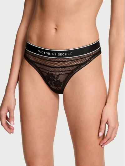 Трусики Стрінги Victoria’s Secret Logo Lace Thong Panty, Чорні