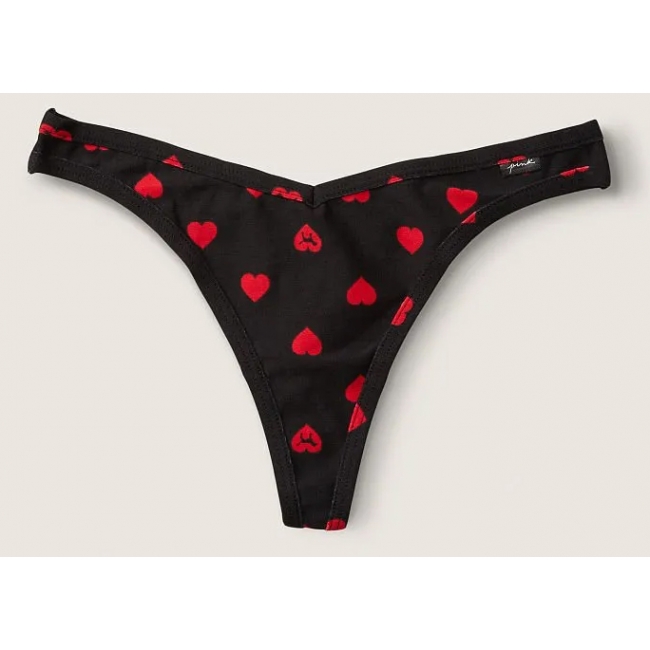Трусики Стрінги Victoria's Secret PINK Black Hearts Cotton Thong Panty