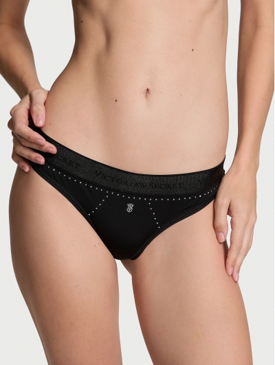 Трусики Стрінги Victoria's Secret Shine Patch Thong Panty, Чорні з лого VS