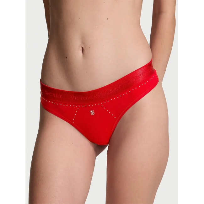 Трусики Стрінги Victoria's Secret Shine Patch Thong Panty, Червоні з лого VS
