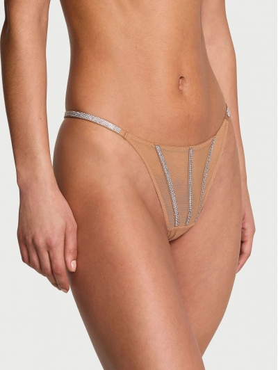 Трусики Стрінги з камінцями Victoria’s Secret Sheer Shine Thong Panty, Темно-бежеві
