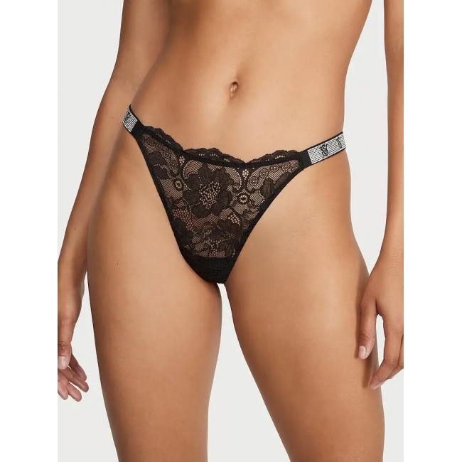 Трусики Стрінги з камінцями Victoria’s Secret Very Sexy Shine Strap Rose Lace Thong Panty, Чорні