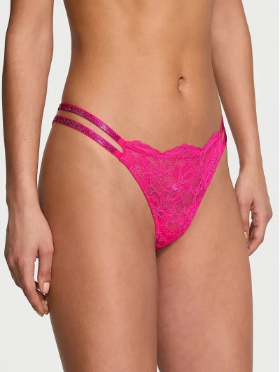 Трусики Стрінги з камінцями Victoria’s Secret Double Shine Strap Lace Thong Panty, Яскраво-рожеві