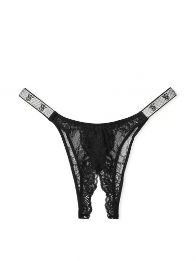 Трусики з відкритим доступом Victoria’s Secret Shine Strap Rose Lace Crotchless Brazilian Panty, Чорні