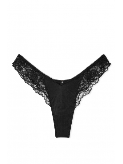 Трусики Стрінги Victoria’s Secret Lace-Trim High-Leg Thong Panty, Чорні