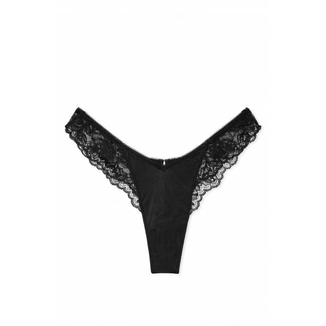 Трусики Стрінги Victoria’s Secret Lace-Trim High-Leg Thong Panty, Чорні